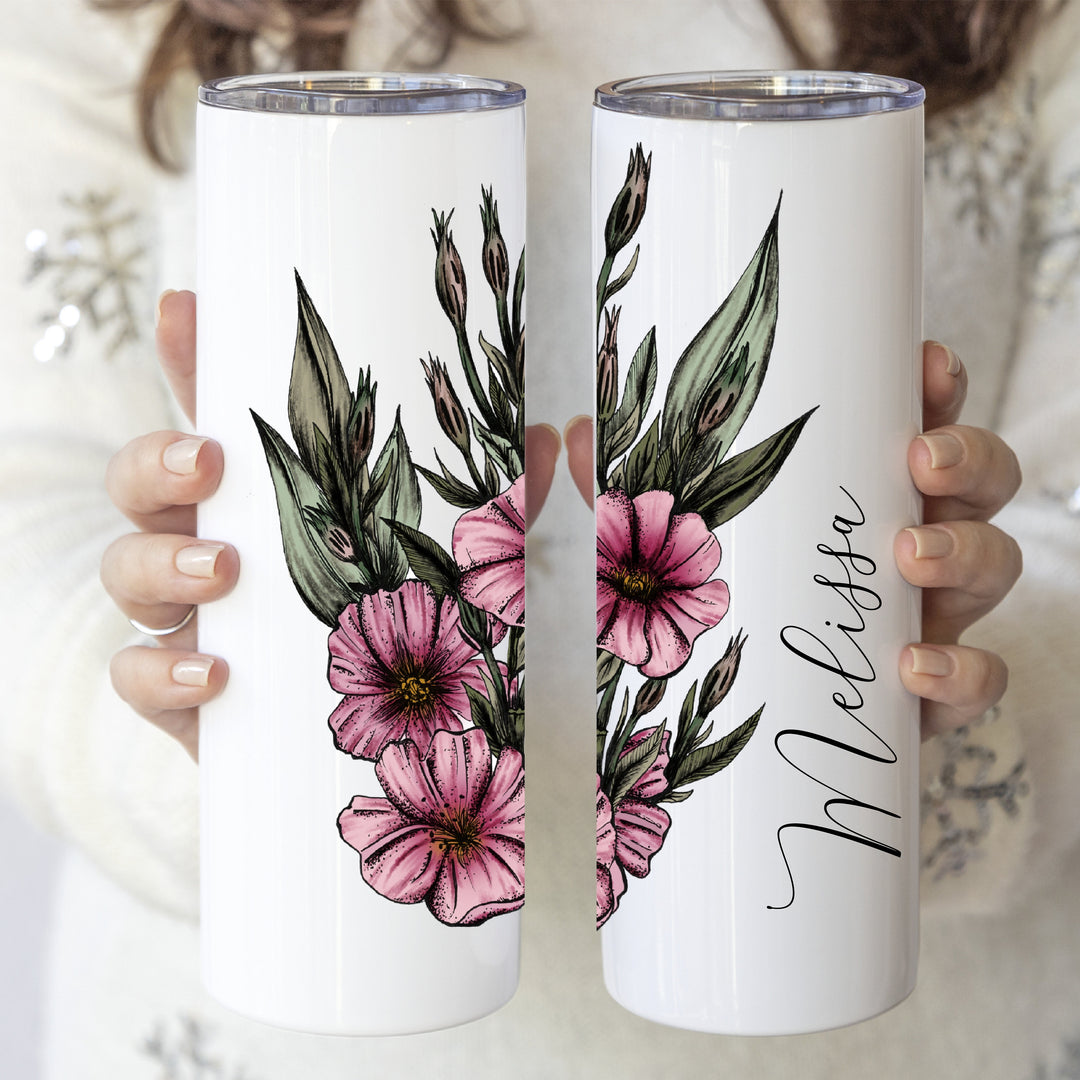 Personalized Birth flower Bridesmaid cup gift stainless steel tumbler with lid and straw Birthday gift for friend Custom Birth month tumbler