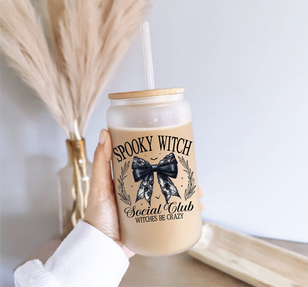 Spooky Witch Halloween Cup Spooky black coquette bow social club for Halloween Spooky season gift tumbler Iced coffee glass black&nbsp;bow cup