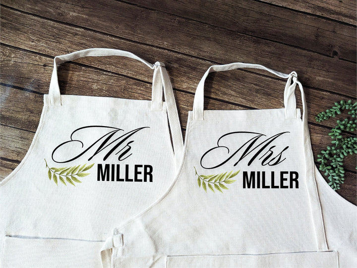 Personalized couple matching apron wedding gift for newly weds Bridal shower gift unique Kitchen Linen apron Mrs Anniversary gift Apron Mr