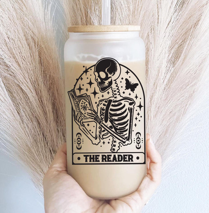 Skeleton Reader cup&nbsp;Iced coffee cup with lid and straw Book lover Iced coffee glass Skeleton reader Tumbler book&nbsp;nerd gift Books&nbsp;gift