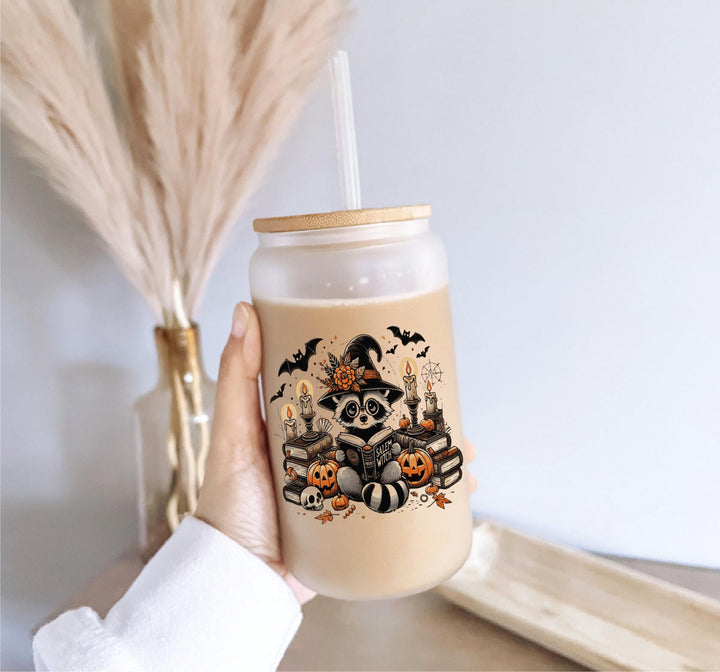 Raccoon reading Halloween iced coffee cup Halloween spooky season tumbler Spooky raccoon Pumpkin Halloween cup gift for friend