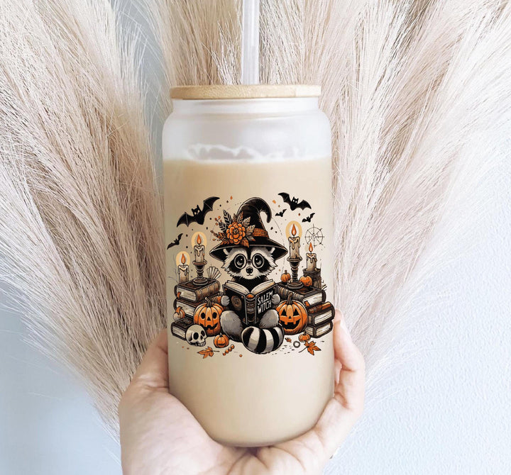 Raccoon reading Halloween iced coffee cup Halloween spooky season tumbler Spooky raccoon Pumpkin Halloween cup gift for friend