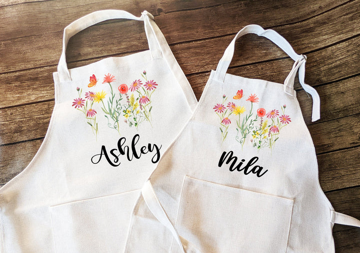 Custom floral apron for women Linen Apron kids Custom cooking baking Mommy and me&nbsp;Matching&nbsp;apron&nbsp;Kids Birthday gift aprons Party favors