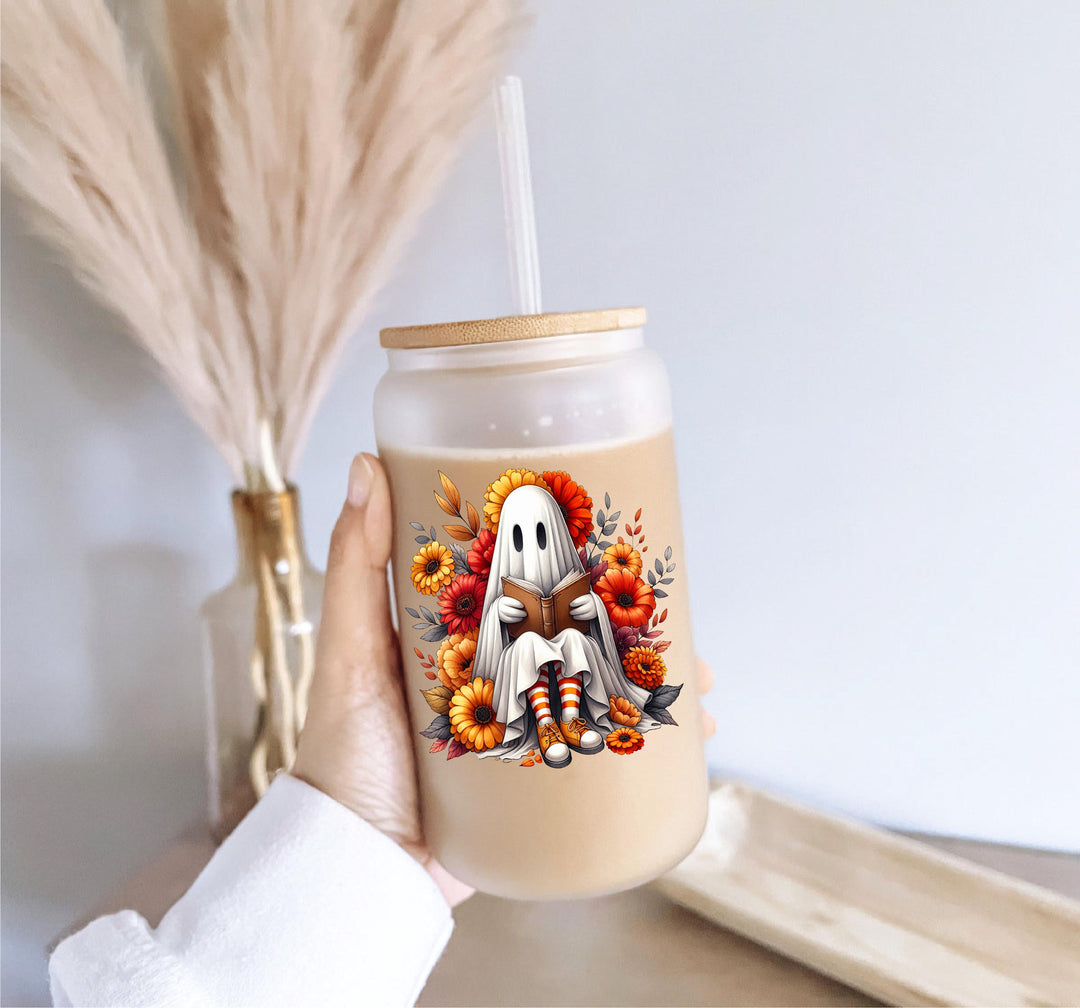 Halloween bookish ghost Iced coffee Glass cup with lid and straw Reader gift Ghost Glass Tumbler Cute Ghost Coffee Cup Spooky Season Gift