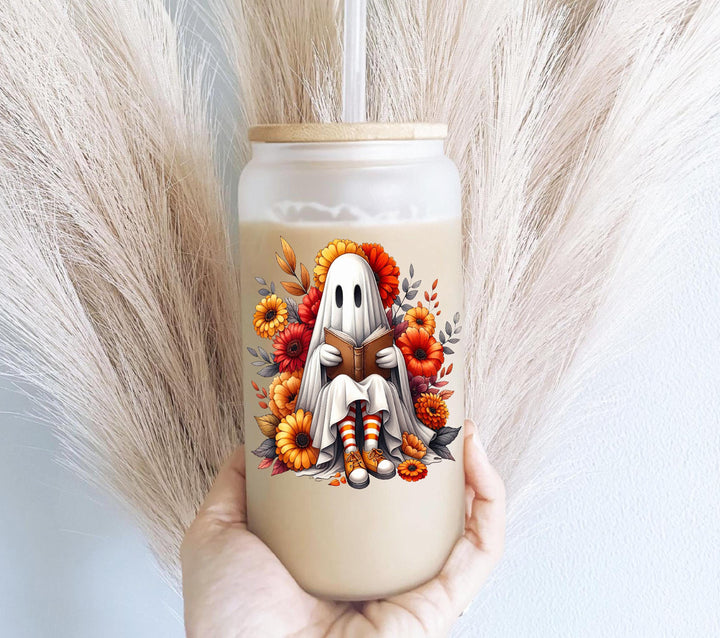 Halloween Bookish Ghost Iced Coffee Glass Cup Reader Gift