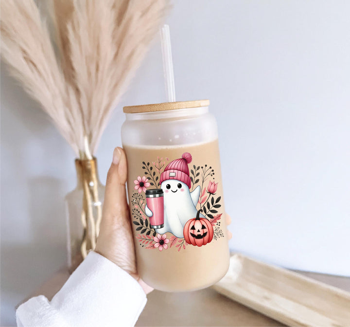 Pink Coffee ghost Halloween cups fall ghost coffee cup ghost pumpkin Iced coffee Glass cup with lid and straw Halloween gift cup coffee cup