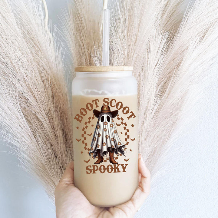 Halloween Boot Scoot Iced Coffee Glass Cup with Lid and Straw