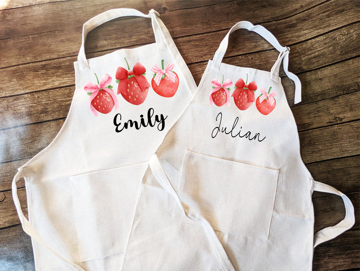 Coquette Bow Kitchen apron for women Linen Apron kids Custom strawberry baking Mommy and me Matching&nbsp;apron&nbsp;Kids Birthday gift aprons