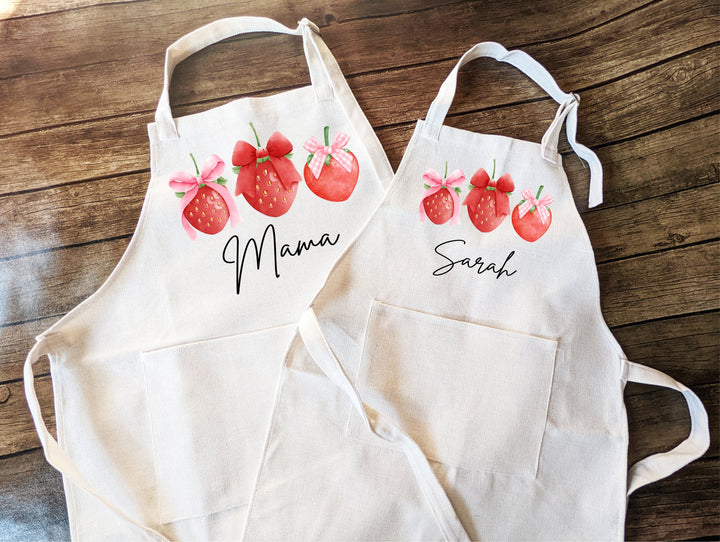 Coquette Bow Kitchen apron for women Linen Apron kids Custom strawberry baking Mommy and me Matching&nbsp;apron&nbsp;Kids Birthday gift aprons