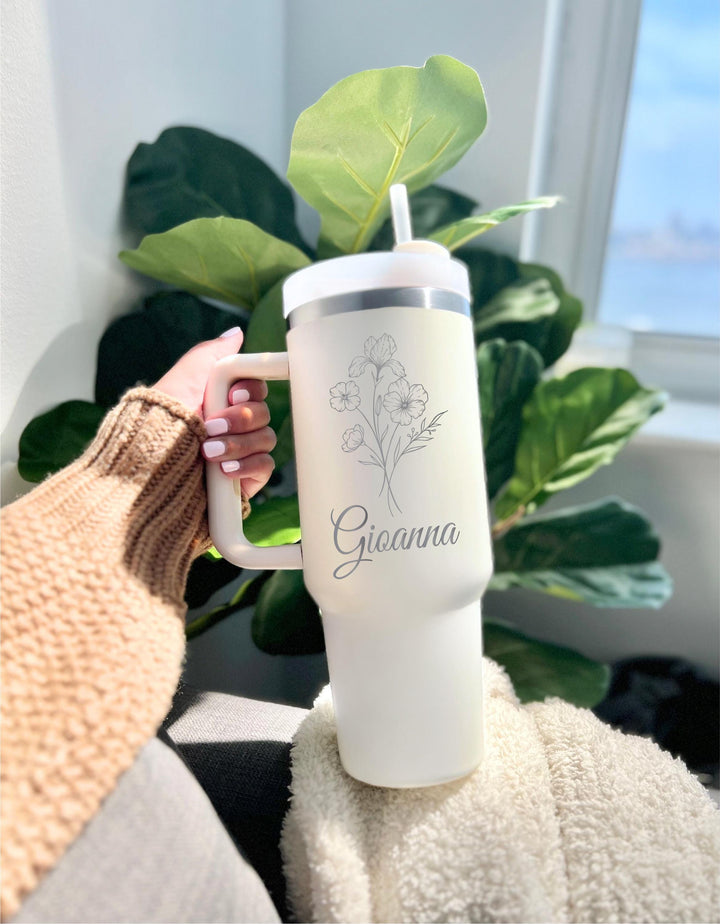 Birth flower Christmas gift Personalized birthday gift tumbler with name Custom cup 40 oz Best friend gift Coworker gifts Birth flower gift