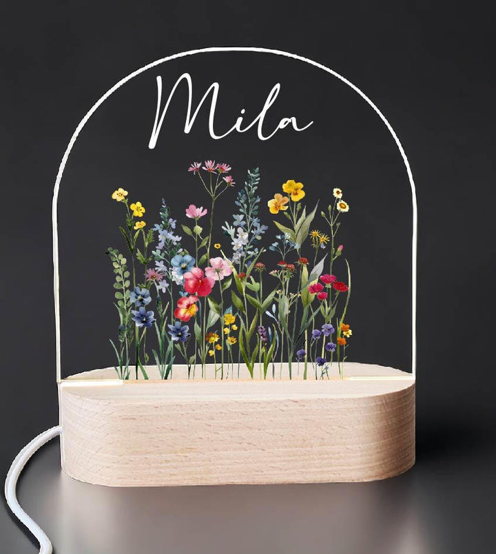 Personalized Floral Kids Room Decor | Custom Name LED Night Light