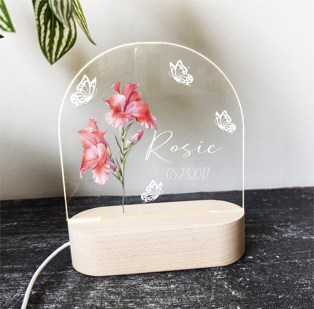 Personalized Birth Flower Acrylic Night Light Custom Name Decor