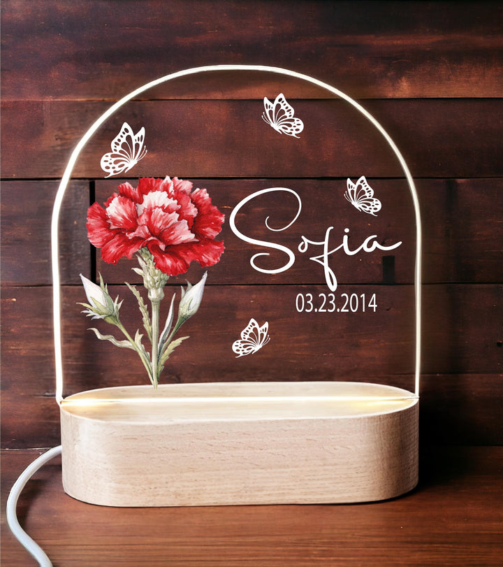 Personalized Birth Flower Acrylic Night Light Custom Name Decor