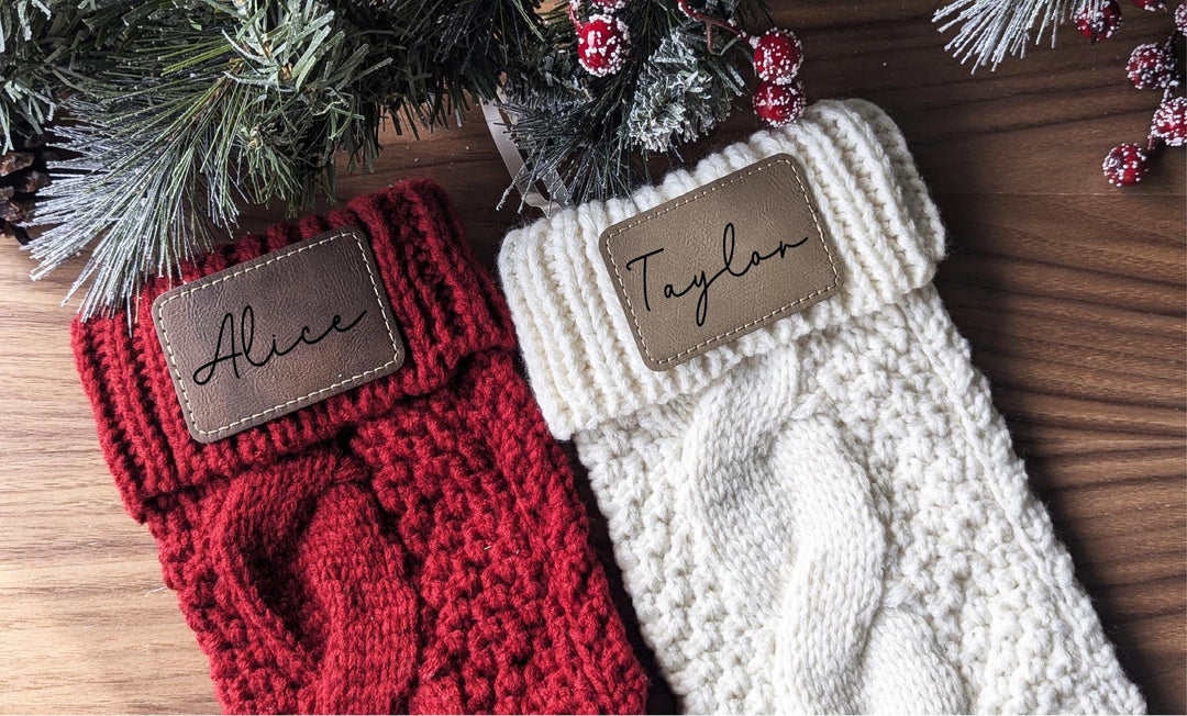 Personalized Christmas Stockings Family stockings Knitted Stocking with leather patch&nbsp;Custom Stocking with Name Holiday Stockings Gift