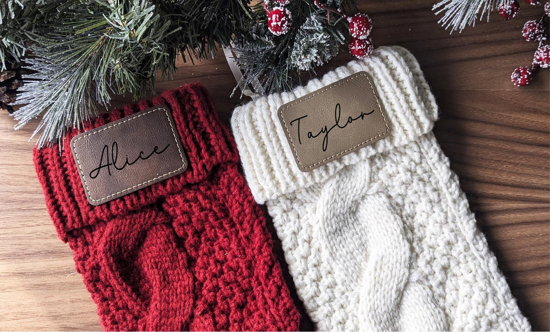 Personalized Christmas Family Name Stocking with Leather Patch