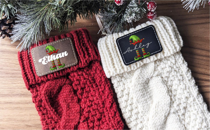 Personalized Elf Christmas Family Stocking with Leather Patch