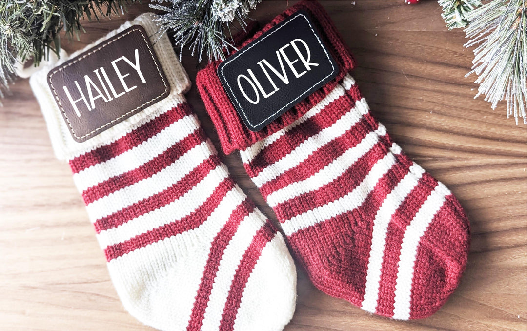Personalized Mini Christmas Stockings Family stockings Knitted Stocking with leather patch Custom Stocking with Name Holiday Stockings Gift