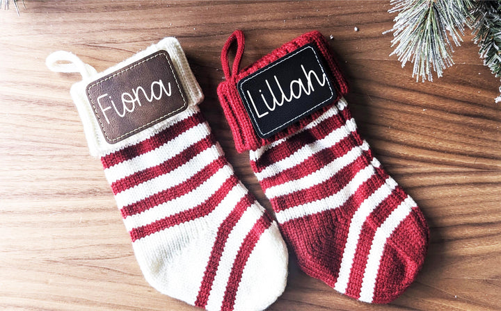 Personalized Mini Christmas Stockings Family stockings Knitted Stocking with leather patch Custom Stocking with Name Holiday Stockings Gift