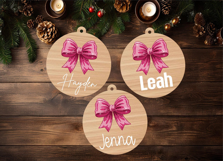 Personalized Wooden Christmas Ornaments 🎄 | Custom Name with Coquette Bow Décor 🎁 Perfect Stocking Tags & Holiday Keepsakes! 🎀✨