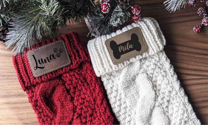 Pet Christmas Stockings Family stockings Knitted Stocking with leather patch&nbsp;Custom Stocking with Name Holiday Stockings Personalized Gift