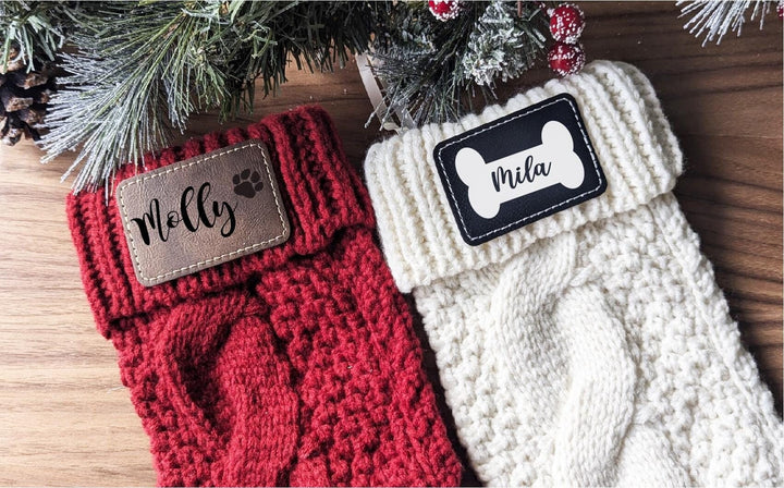 Pet Christmas Stockings Family stockings Knitted Stocking with leather patch&nbsp;Custom Stocking with Name Holiday Stockings Personalized Gift