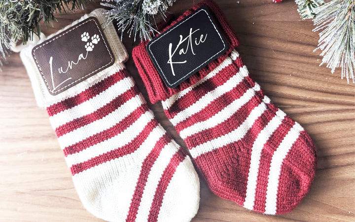 Personalized Christmas Stockings Family stockings Knitted Stocking with leather patch&nbsp;Custom Stocking with Name Holiday Stockings Gift