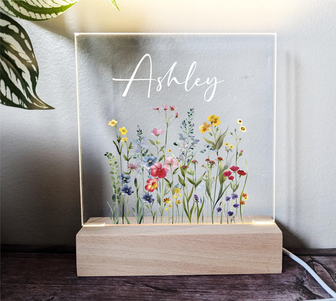 Personalized Floral Kids Room Decor | Custom Name LED Night Light