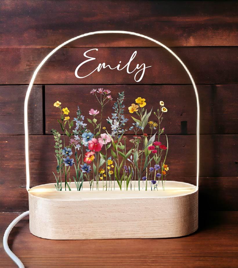 Personalized Floral Kids Room Decor | Custom Name LED Night Light