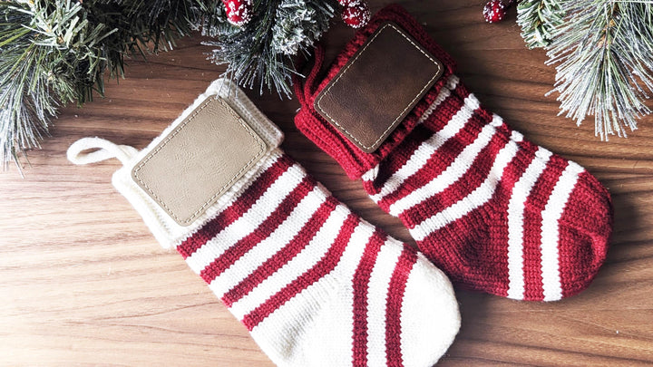 Christmas Stockings Personalized Family stockings Knitted Stocking with leather patch Custom Stocking with Name Holiday Stockings Gift