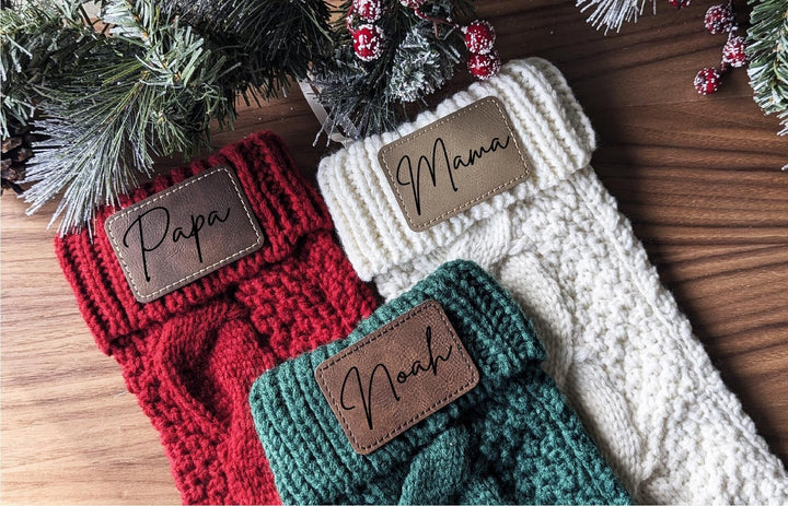 Personalized Christmas family name Stockings Knitted Stocking with leather patch