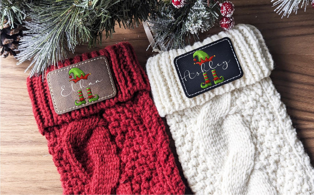 Elf Christmas Stockings Personalized Family stockings Knitted Stocking with leather patch Custom Stocking with Name Holiday Stockings Gift