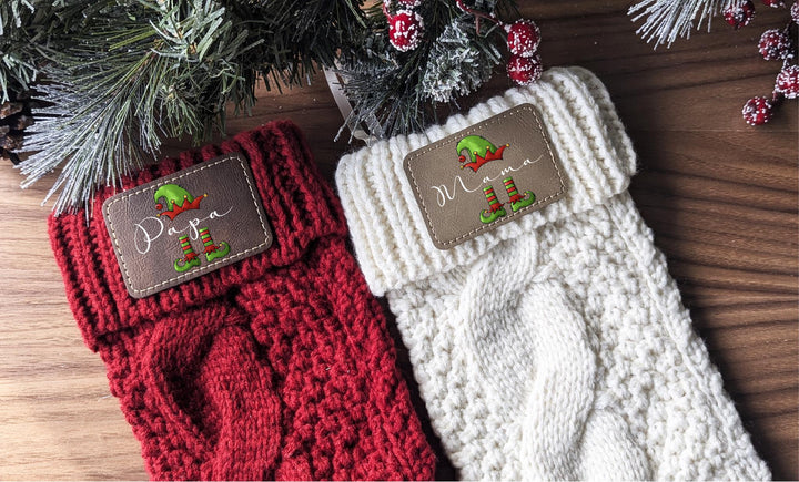 Elf Christmas Stockings Personalized Family stockings Knitted Stocking with leather patch Custom Stocking with Name Holiday Stockings Gift