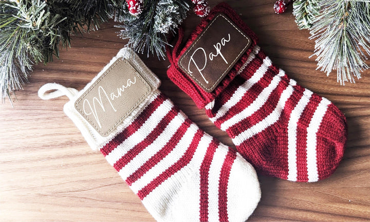 Personalized Mini Christmas Stockings Family stockings Knitted Stocking with leather patch Custom Stocking with Name Holiday Stockings Gift