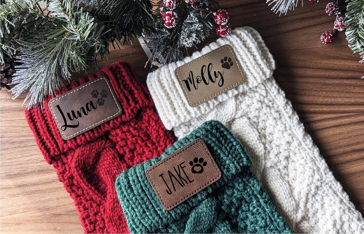 Pet Christmas Stockings Family stockings Knitted Stocking with leather patch&nbsp;Custom Stocking with Name Holiday Stockings Personalized Gift