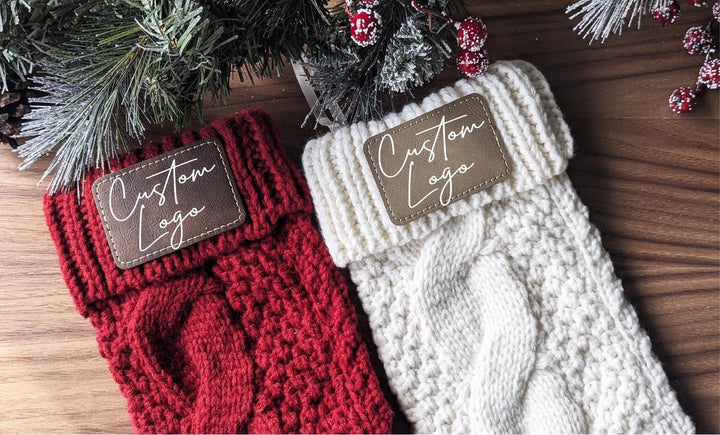 Custom logo/ design Christmas Stockings Office company logo employee stockings Knitted Stocking with leather patch Holiday Stockings Gift