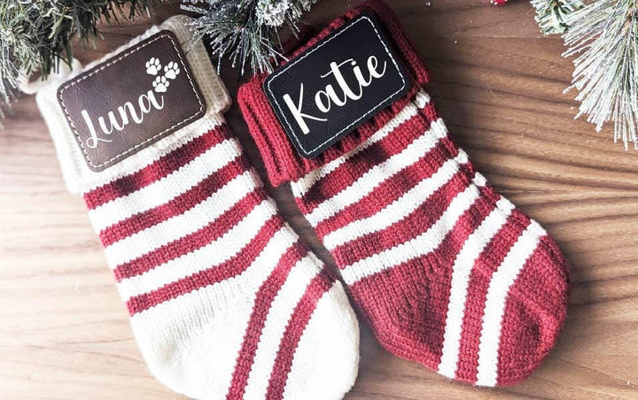 Personalized Christmas Stockings Family stockings Knitted Stocking with leather patch&nbsp;Custom Stocking with Name Holiday Stockings Gift