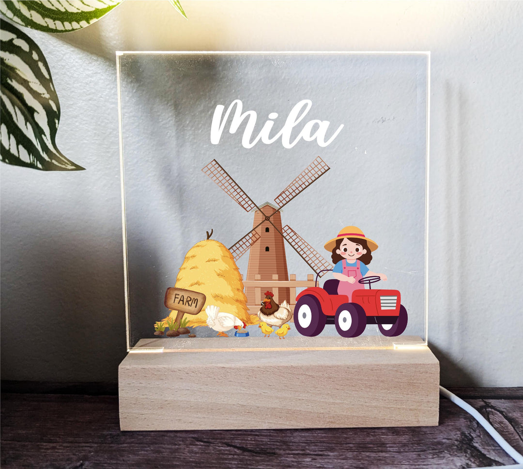 Custom Farmer kid Night light with name room decor Custom baby gift Acrylic light Baby girl Nursery Decor custom Birthday Gift tractor light