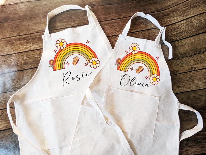 Retro Rainbow kid apron with Pocket Mommy and me Custom Christmas gift kids apron Toddler Kids Baking crew apron family matching gift