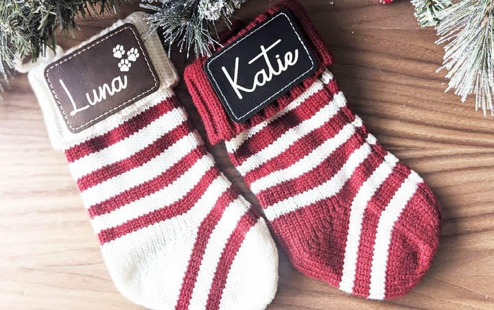 Custom Christmas Stockings Family stockings Knitted Stocking with leather patch&nbsp;Custom Stocking with Name Holiday Stockings Gift