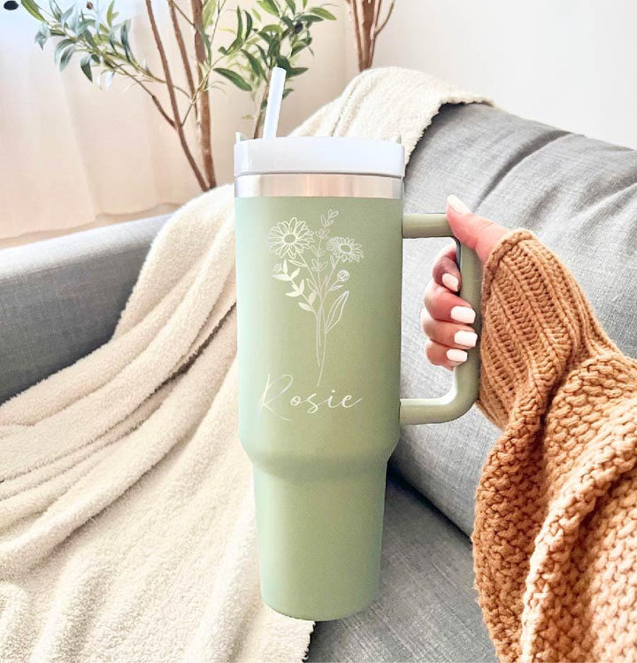 Custom Birth Flower Tumbler 40 oz with Name, Christmas Gift