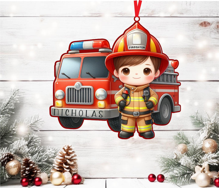 Personalized Firefighter Kids Christmas Ornament 🚒 | Custom Name Ornament 🎁 Perfect Grandson Gift & First Responder Holiday Decor! 🎄