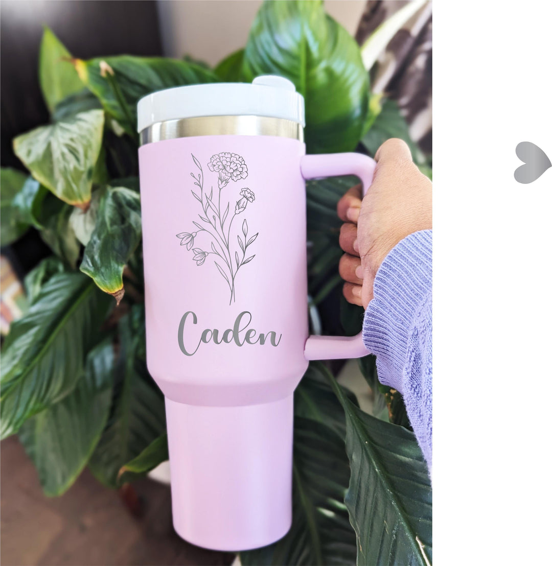 Birth Flower 40oz Tumbler With Name Christmas Gift Custom Tumbler with Handle Straw&nbsp;Birthday Gift Coworker Best friend cup Teacher gift