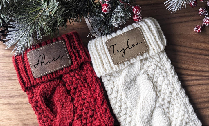 Christmas Stockings Personalized Family stockings Knitted Stocking with leather patch Custom Stocking with Name Holiday Stockings Gift