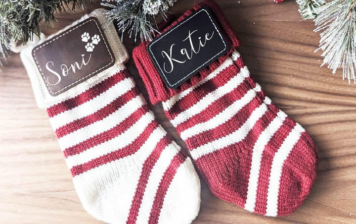 Personalized Christmas Stockings Family stockings Knitted Stocking with leather patch&nbsp;Custom Stocking with Name Holiday Stockings Gift