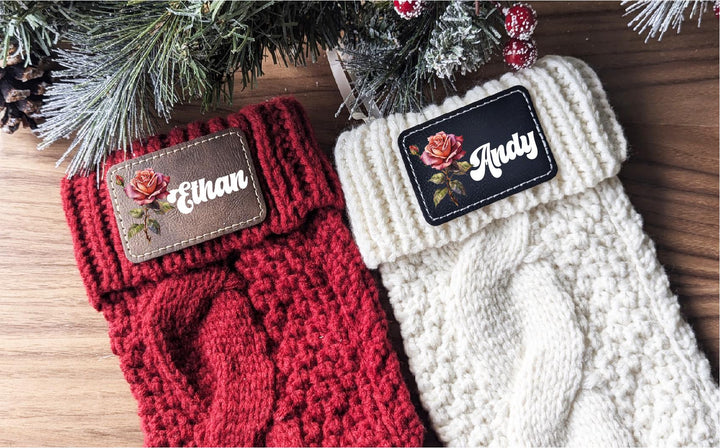 Birth Flower Christmas Stockings Personalized Family stockings Knitted Stocking with leather patch Custom Stocking with Name Stockings Gift