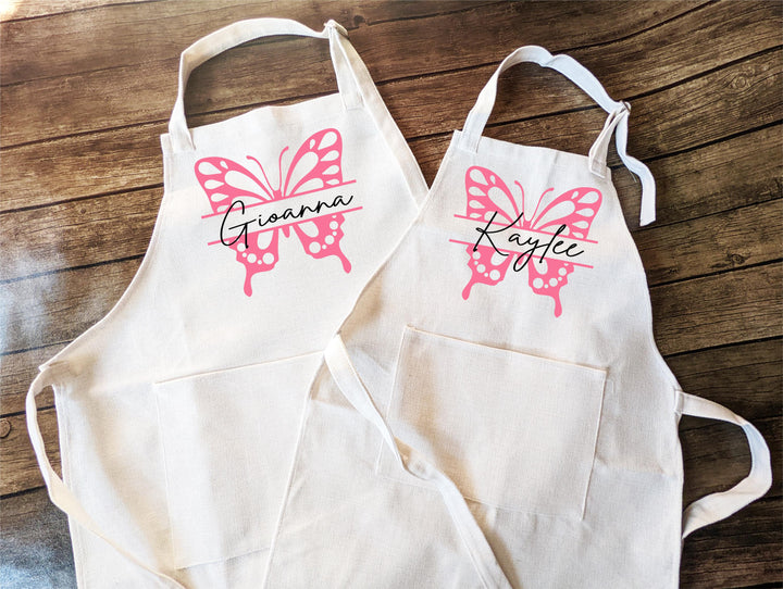 Personalized butterfly kid apron with Pocket Mommy and me Custom Christmas gift kids apron Toddler Kids Baking crew apron family matching