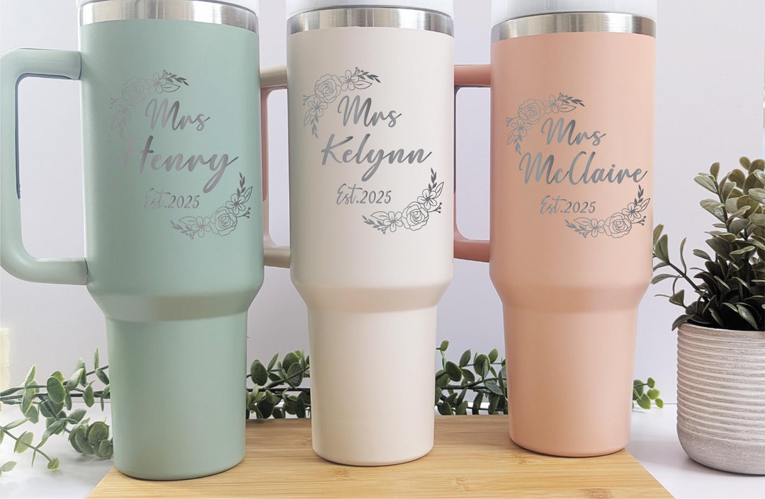 Mrs cup with Est year Gifts for the bride to be cup with handle 40 oz bride Bridal shower gift Engaged tumbler for Fianc&#233;e anniversary gift