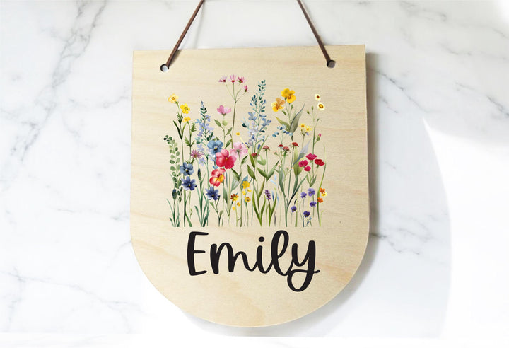 New Born Nursery Decor Wild Flowers Wooden Name Sign