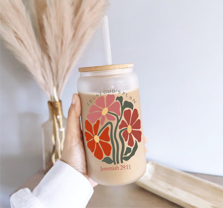 Christian Gifts Iced Coffee Glass Cup with Lid and Straw