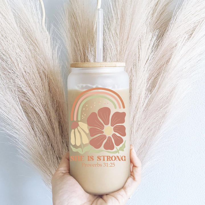 Christian Gifts Iced Coffee Glass Cup with Lid and Straw